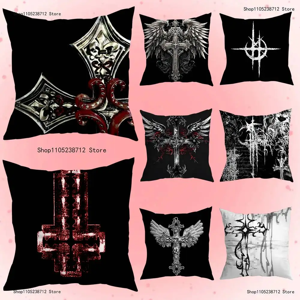 

Cyber Sigil Cross Goth Pillow Covers Cartoon Sofa Decorative Home Double-sided Printing Short Plush Cute Cushion Cover