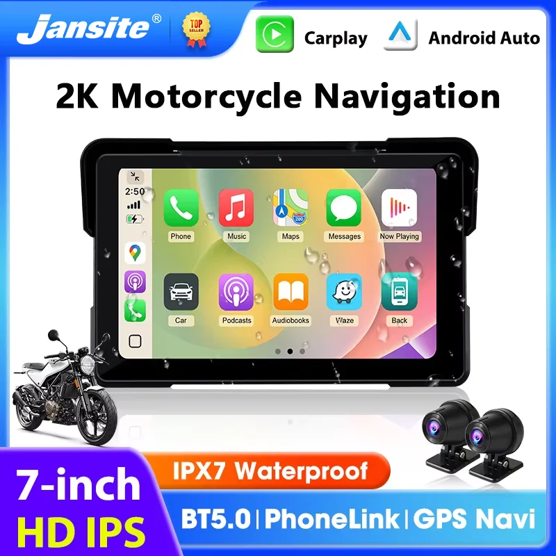 

Jansite 5/7 inch Motorcycle Carplay Screen GPS Navigation Wireless Carplay Android Auto Dual Bluetooth IPX7 Waterproof Display