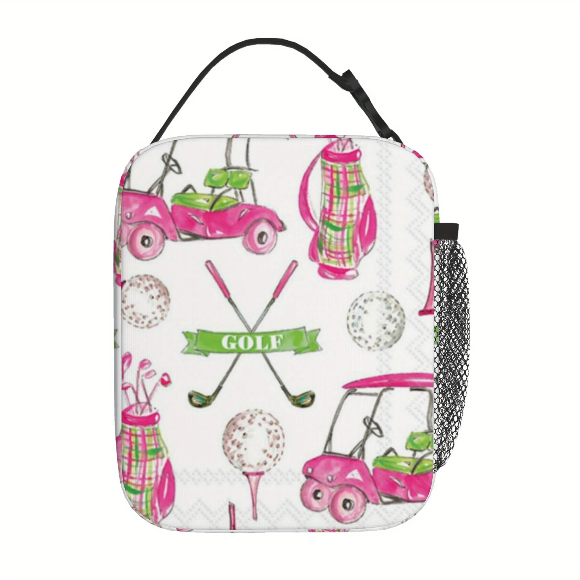 1pc Golf-Themed Insulated Thermal Bag Pink White Design with Golf Balls, Clubs 