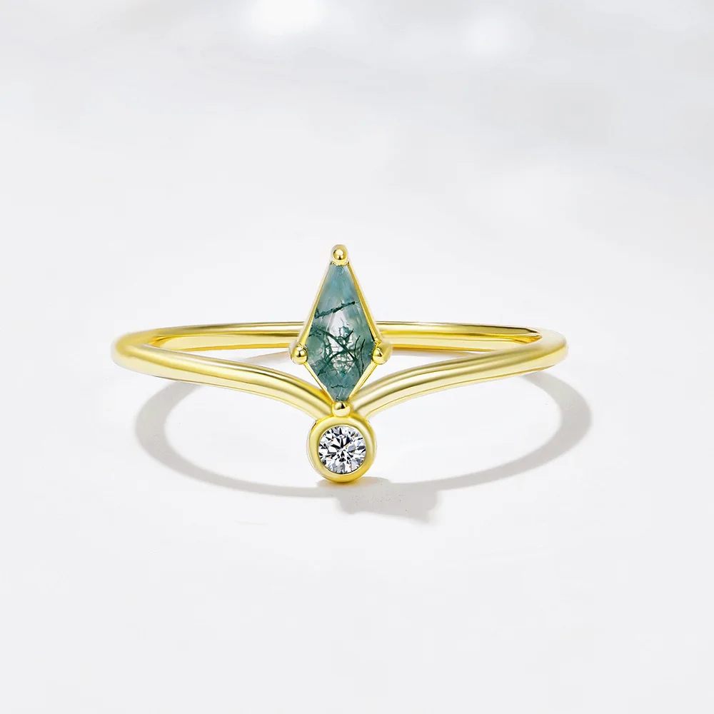 Dave&di S925 Pure Silver Water Grass Agate Ring Women's Light Luxury Style European And American Cross-border Crown Layered N
