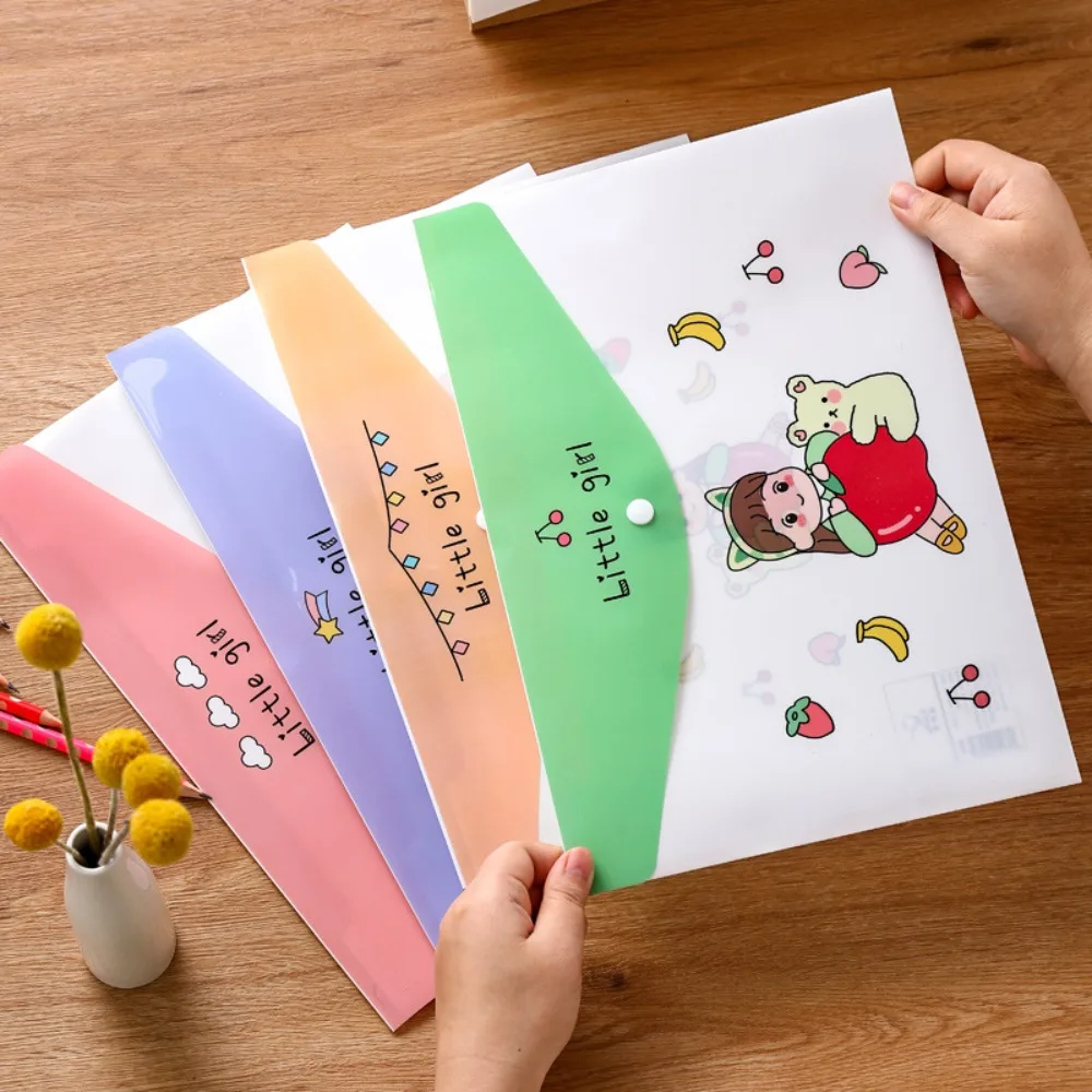 4 pcs น่ารักปุ่ม Snap A4 แฟ้มกระเป๋าเอกสาร Protector รูปแบบการ์ตูนการ์ตูนแฟ้มกระเป๋าพลาสติกหนาข้อมูลกระเป๋า Office