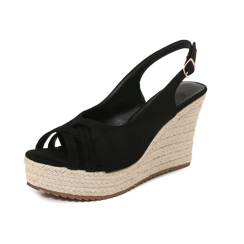 Size 31-44 Straw Wedge Open Toe Sandals Platform Thick-soled Platform High-heeled Women Shoes Summer Black Sandals