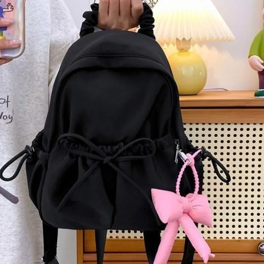 Nylon Student Drawstring Backpack Large Capacity Adjustable Shoulder Straps Travel Rucksack Soft Ruched Design Bow Daypack Women