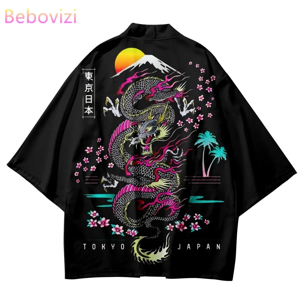 Vintage Ukiyo-e Dragon Print Traditional Japanese Kimono Men Women Beach Yukata Streetwear Black Cardigan Cosplay Haori Coat