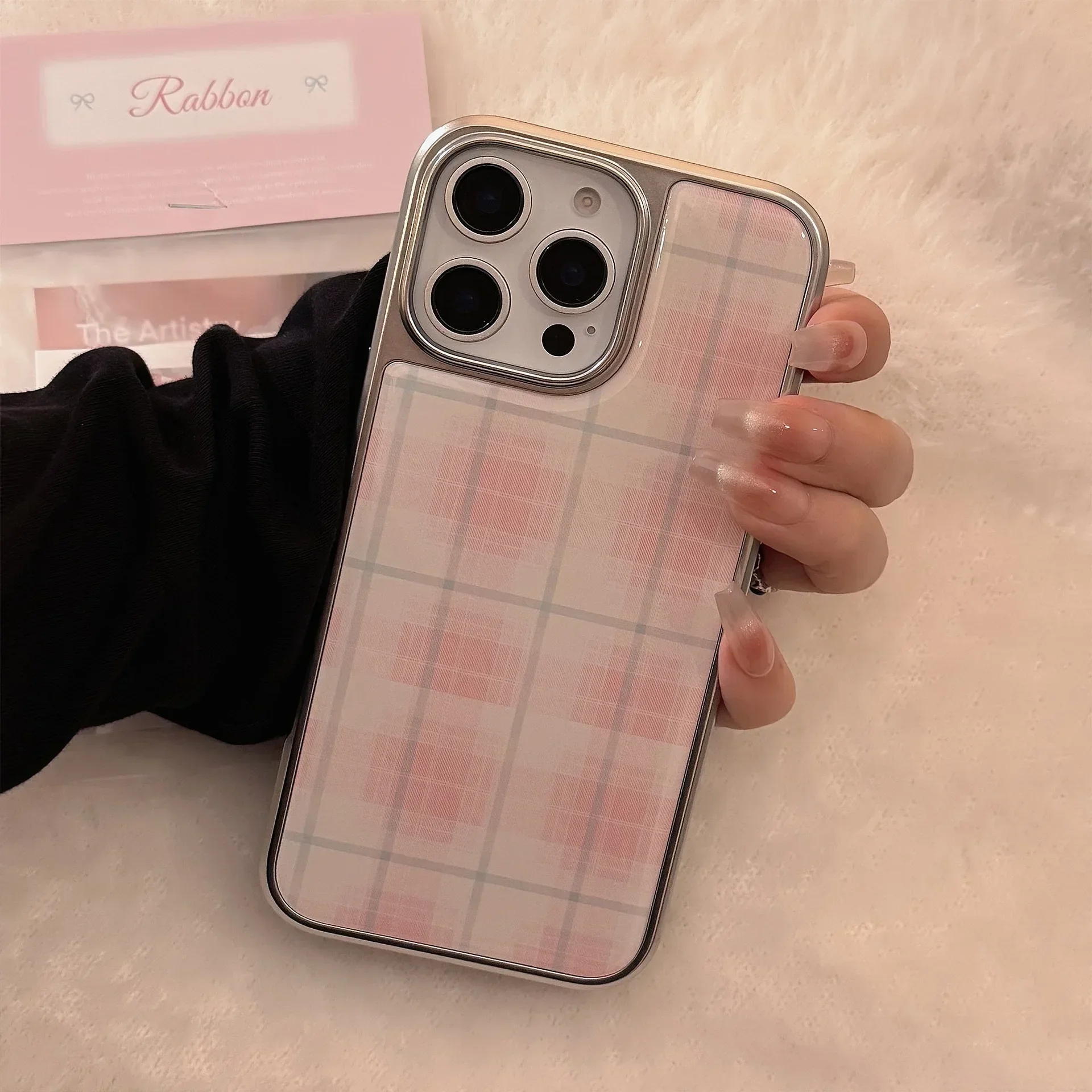 Koreanische rosa Gittermuster Splitterrand Tropfen Kleber Überzug Handyhülle für iPhone 17 Air 16 15 14 13 12 Pro Max stoßfeste Hardcover