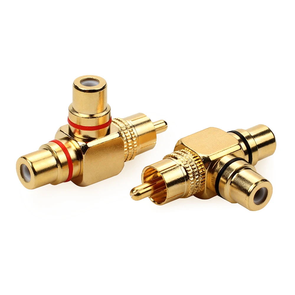 High-quality Copper gold-plated RCA Male to 2 Female RCA Splitter Adapter AV Video Audio T Plug RCA 3 way Plug R Connector