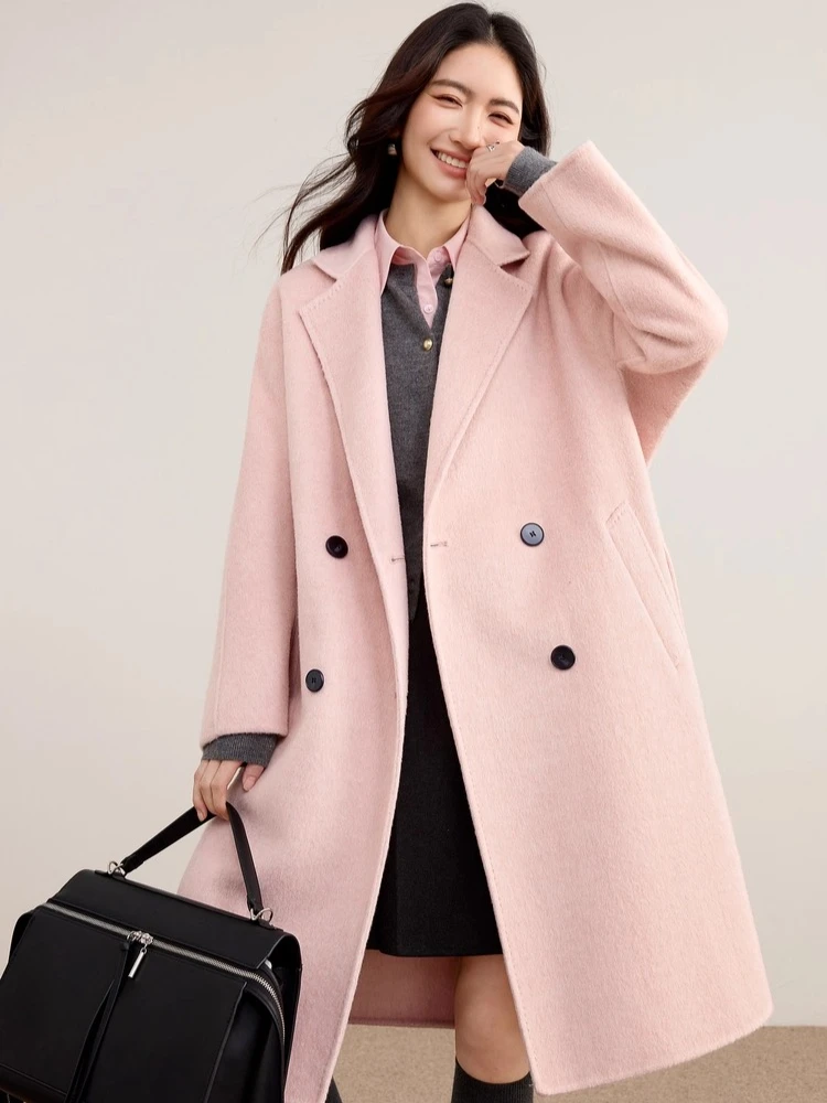 

SENTUBILA Women's Woolen Coats 2025 Winter Mid-length Double Breasted Loose Coat Solid Notch Lapel Long Sleeve Jackets W54OA8785