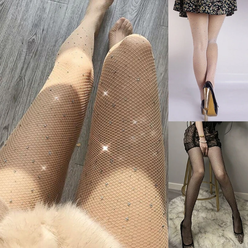 E15E Womens for Rhinestone Diamond Fishnet Tights Hollow Out Mesh Sheer Glitter Pantyhose Shiny Jewelry Acrylic Hosiery Party