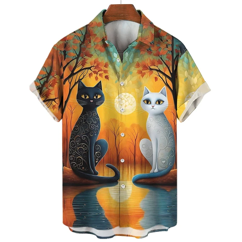 Hawaiian Shirts New Cartoon Anime Cat Pattern Print Short Sleeve Buttons T-shirt 2024 y2k Tops Summer Casual Womens Blouse Tees