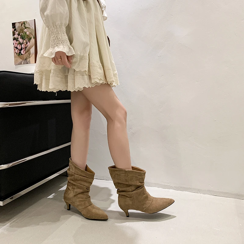 Inside Booster Suede Pointed Toe Booties Women's 2026 Spring Fall Pile Boots