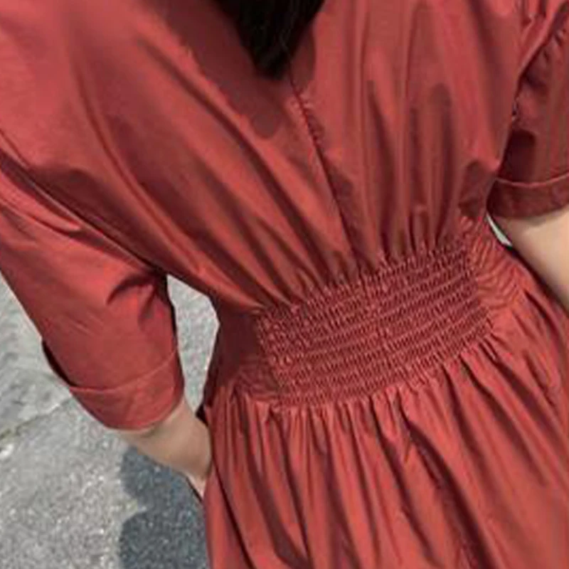 Fashion Elegant Solid Color Waist Women\'s Dresses Summer Vintage Casual Short Sleeve Simplicity Pockets Dress Female Clothing