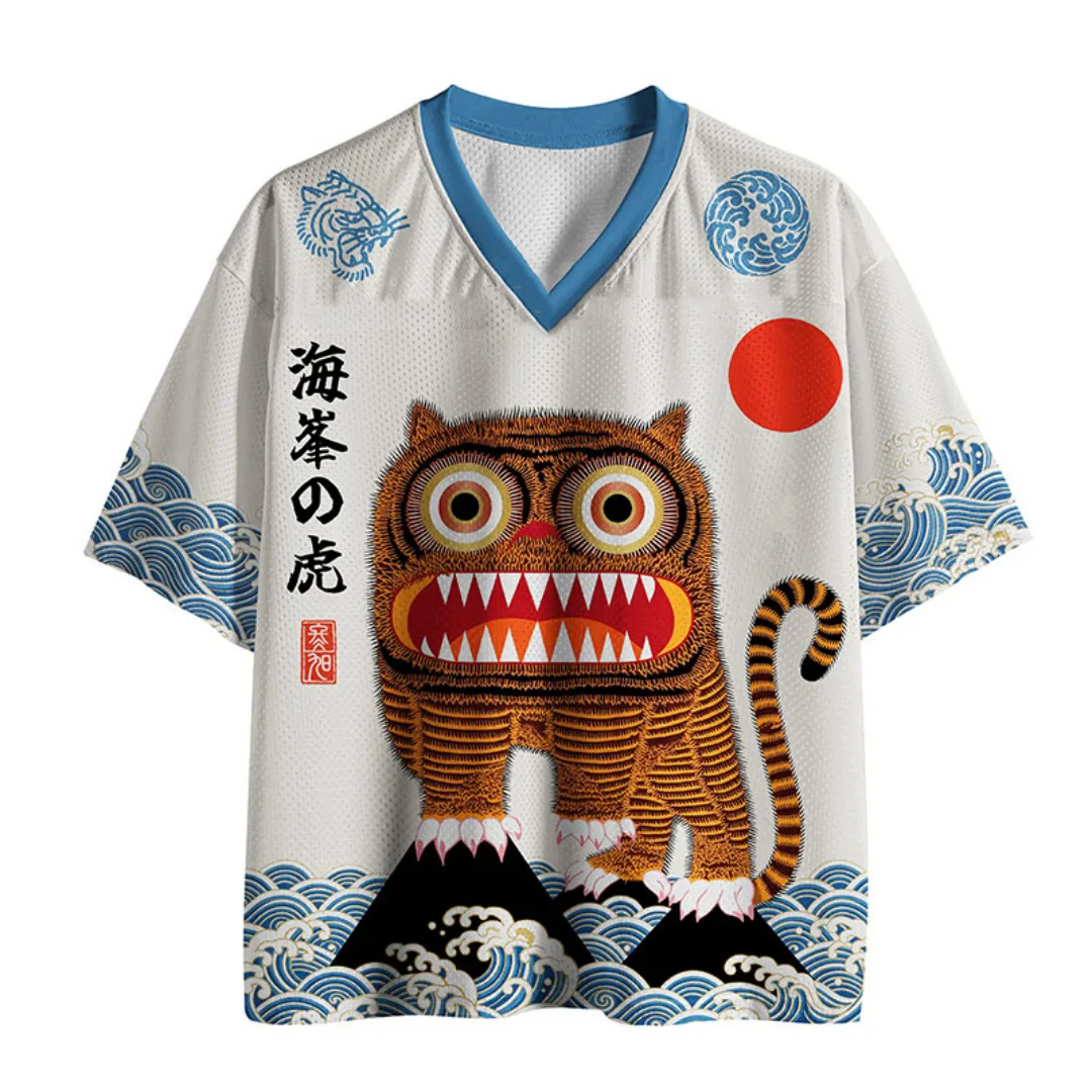 Japanese Ukiyo‑e Tiger Double Sided Mesh Jersey T‑Shirt Men Women Vintage Wave Kanji Art 05 Number Graphic Sport Unisex Tops