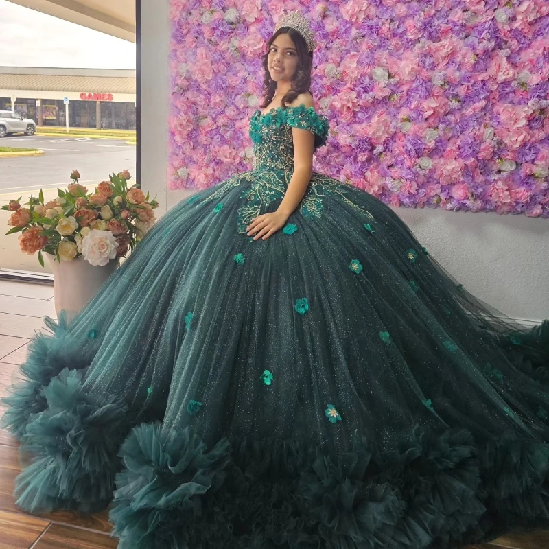 

Роскошное черно-зеленое платье Quinceanera 3dflower аппликация бусины Многоярусное бальное платье принцессы Милые 15 Vestidos De XV лет