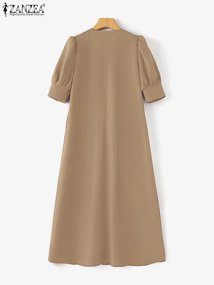 ZANZEA Moda Donna A-line Abiti longuette Vintage Manica corta a sbuffo Piega invertita Robes Femme Allentato Elegante scollo a V Abiti