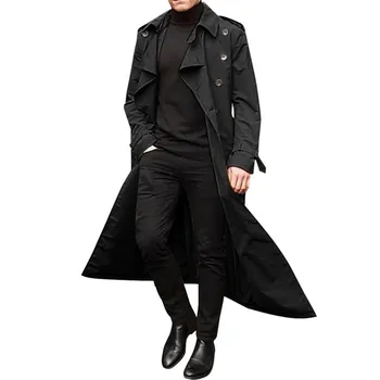 Men's Long Black Double-Breasted Trench Coat 3 Men'S Windbreaker Spring Autumn Long-Slevee Extra Long Trench Coat Classic Trend Double Breasted Solid Color Temperament Trench 3