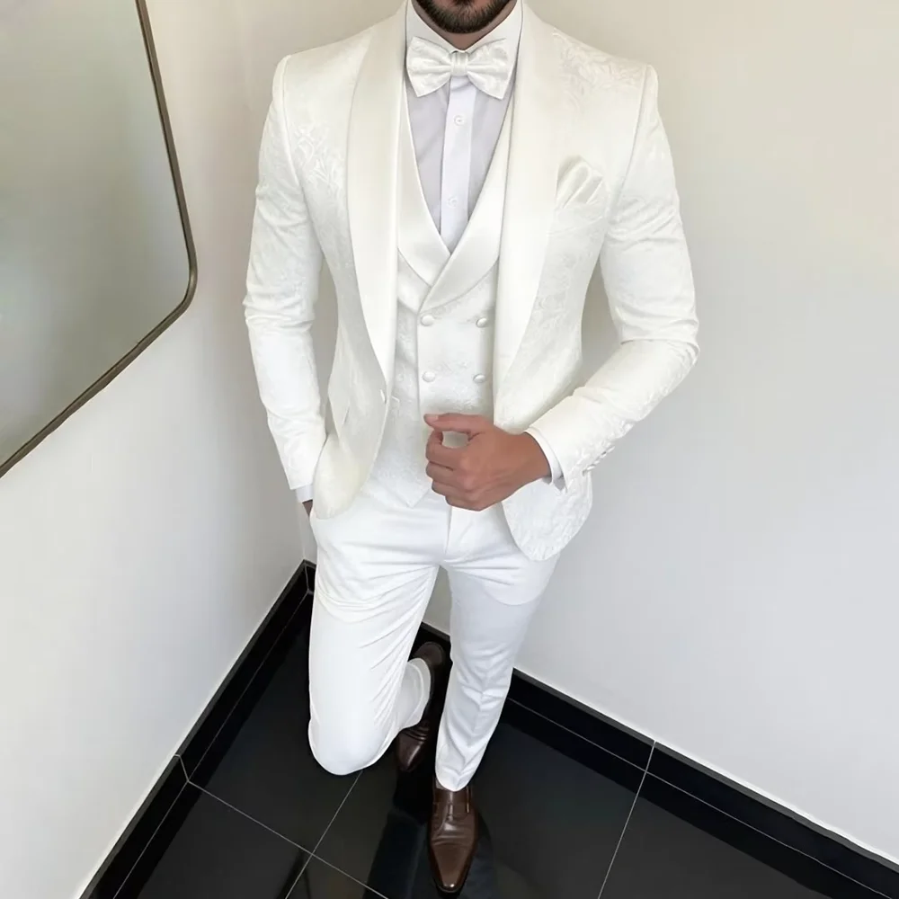 Elegant White Men's Suits 3 Piece Jacquard Jacket Vest+Pants Sets Formal Shawl Lapel Single Breasted Male Clothing Party Outfits