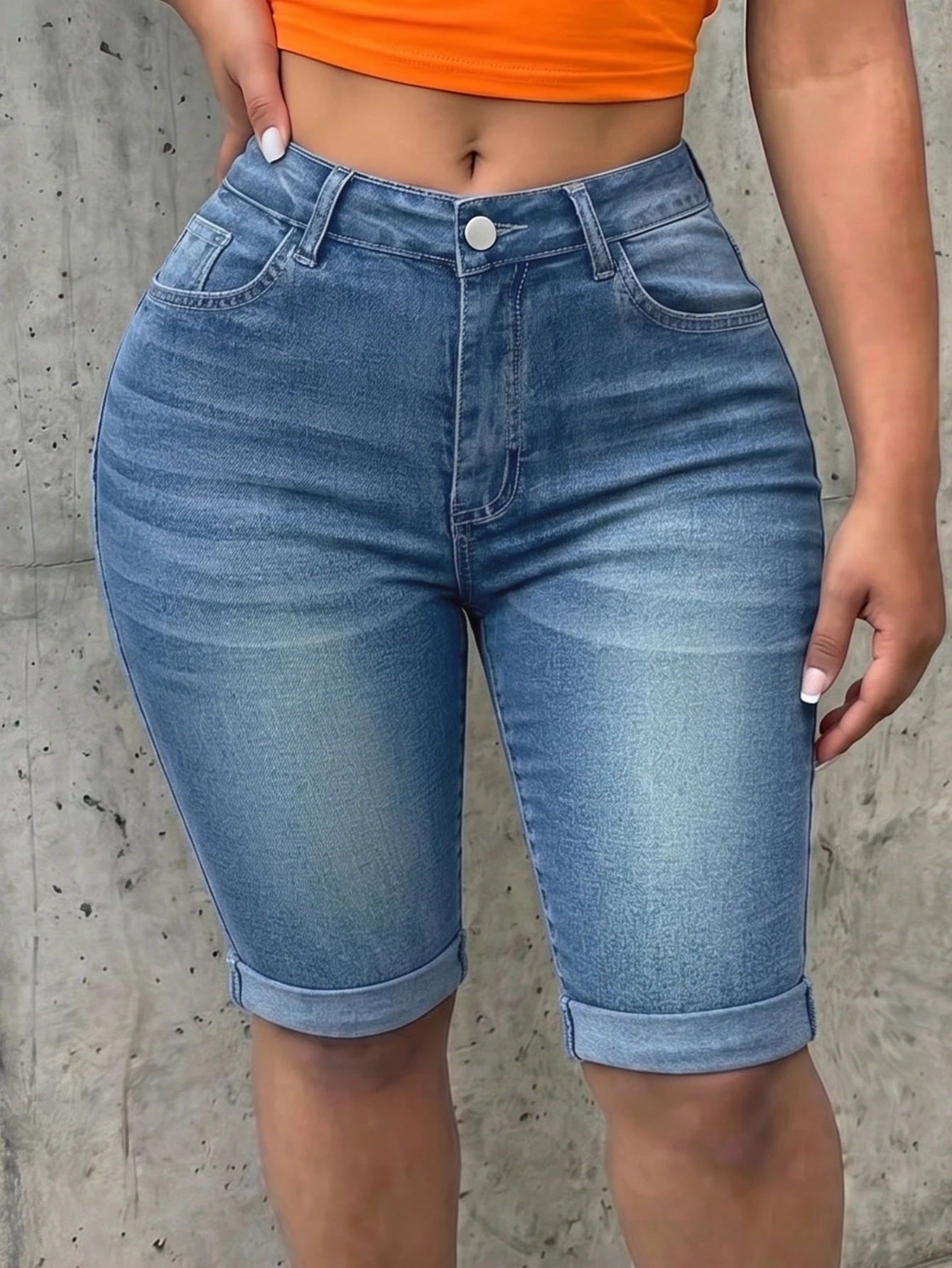 Women High Waist Medium Stretch Denim Bermuda Shorts, Moustache Light Blue Rolled Hem Jean Shorts