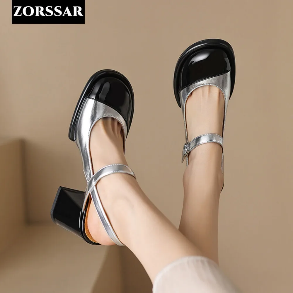 Gold Silver High Heels for Women 2024 Fashion Round Toe Genuine Leather Slingbacks Pumps Elegant Lady Heeled Shoes Summer Sandal