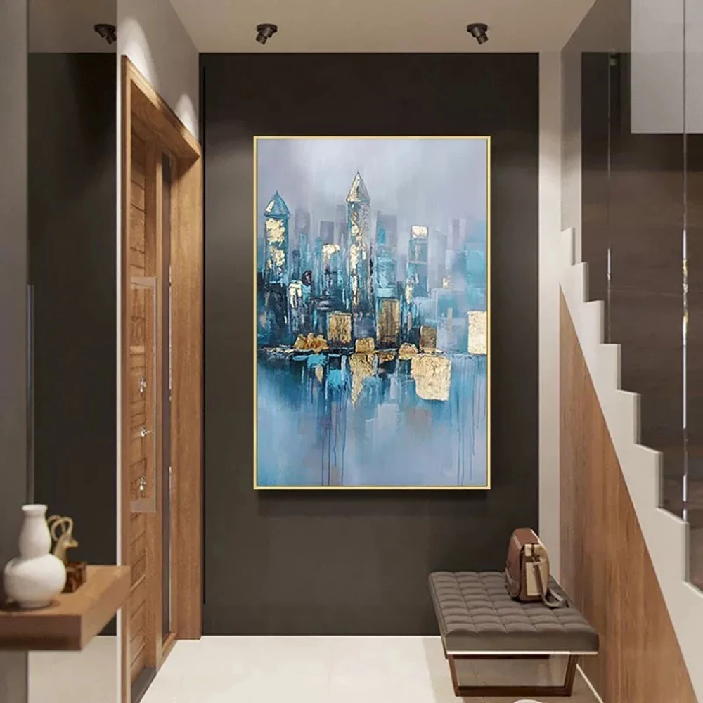 

Modern Architecture Wall Art with Gold Foil on Canvas Handmade Abstract Cityscape Oil Painting for Living Room Wall Decoration