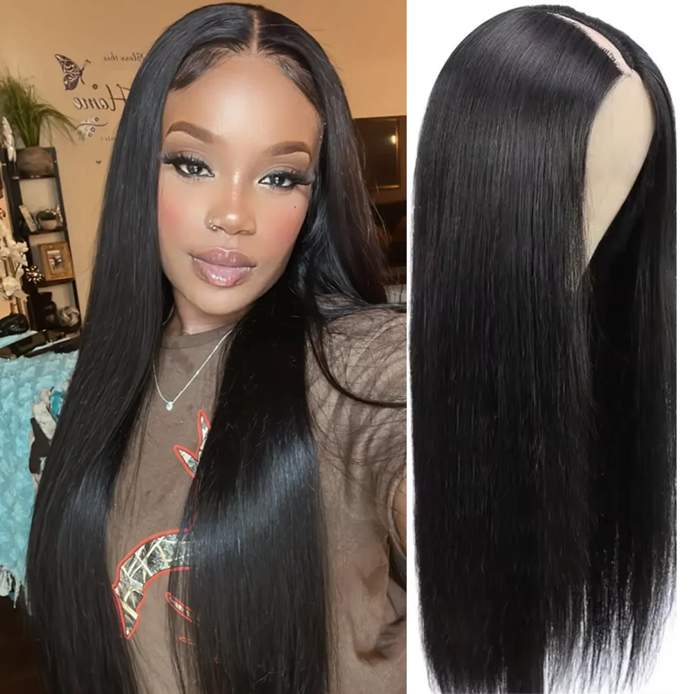 

Прямой парик с V-образным вырезом, плотность 200, 100% натуральные человеческие волосы, для женщин, 20, 30, 32 дюйма, недорогие бразильские длинные прямые парики для чернокожих женщин
