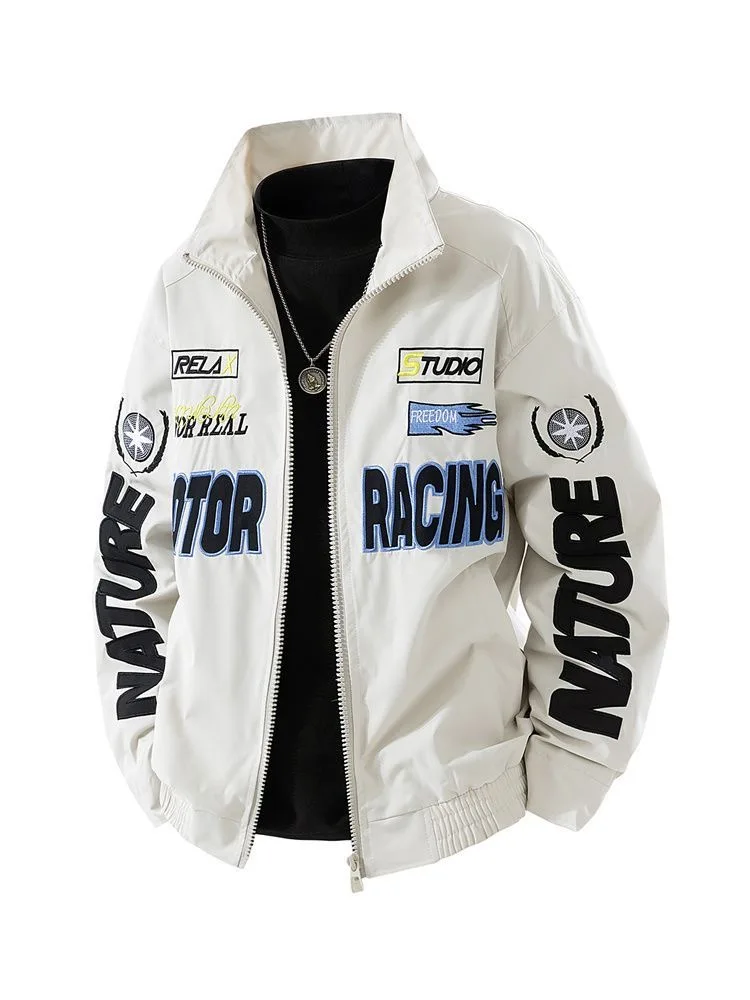 Men Racing Jacket Stand Collar Zip‑up Windbreaker Coat Loose Oversized Letter Print Streetwear Male Hip Hop Bomber Outerwear