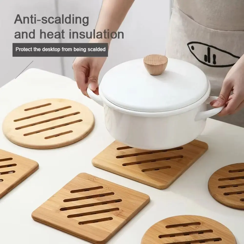 

2Pcs Japanese Style Bamboo Pot Holder Square/Round Stackable Drink Insulation Pad Novelty Anti-fouling Nonslip Cup Mat