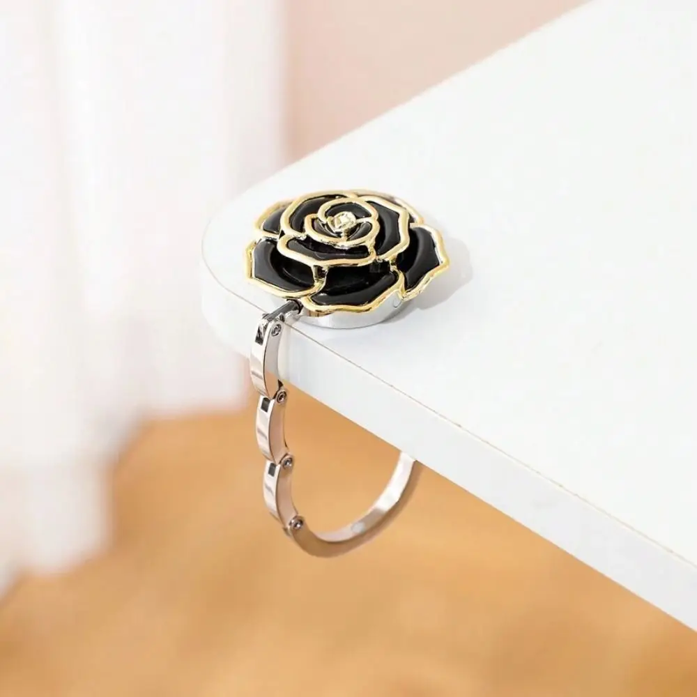Pretty Foldable Rose Handbag Hook Golden-edged Creative Purse Hook for Women Durable Portable Desk Hanging Rack for Table