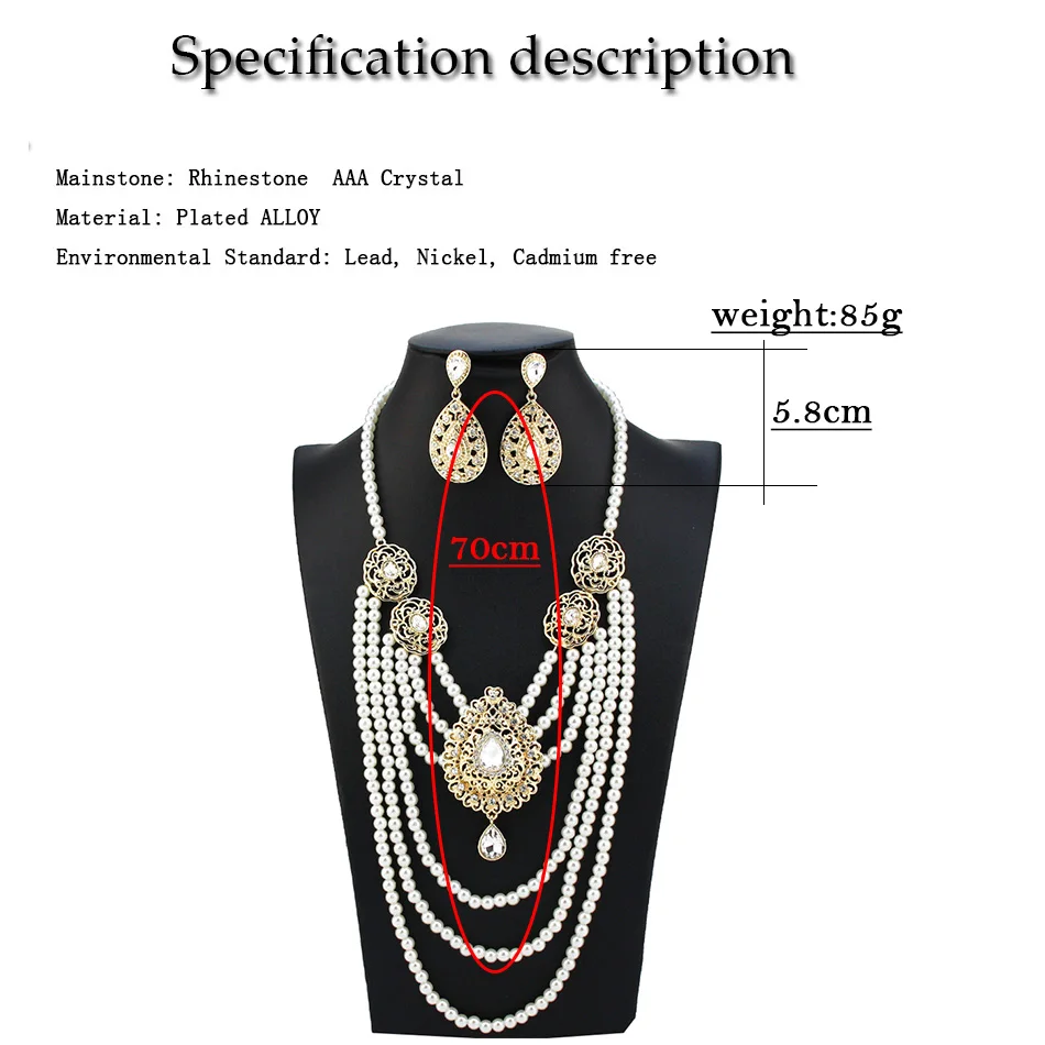 Sunspicems Morocco Bride Wedding Jewelry Algeria Women Pearl Beaded Necklace Multilayer Chain Crystal Drop Earring Caftan Bijoux