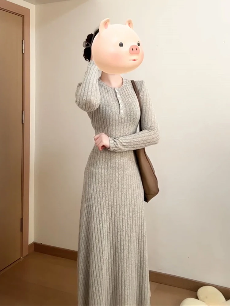 Koreaanse Sle Lange Sve Gebreide Dr vrouwen Thiened A-lijn Basisrok Herfst Winter Nieuwe Sle Afslanken Hoge Taille Dr