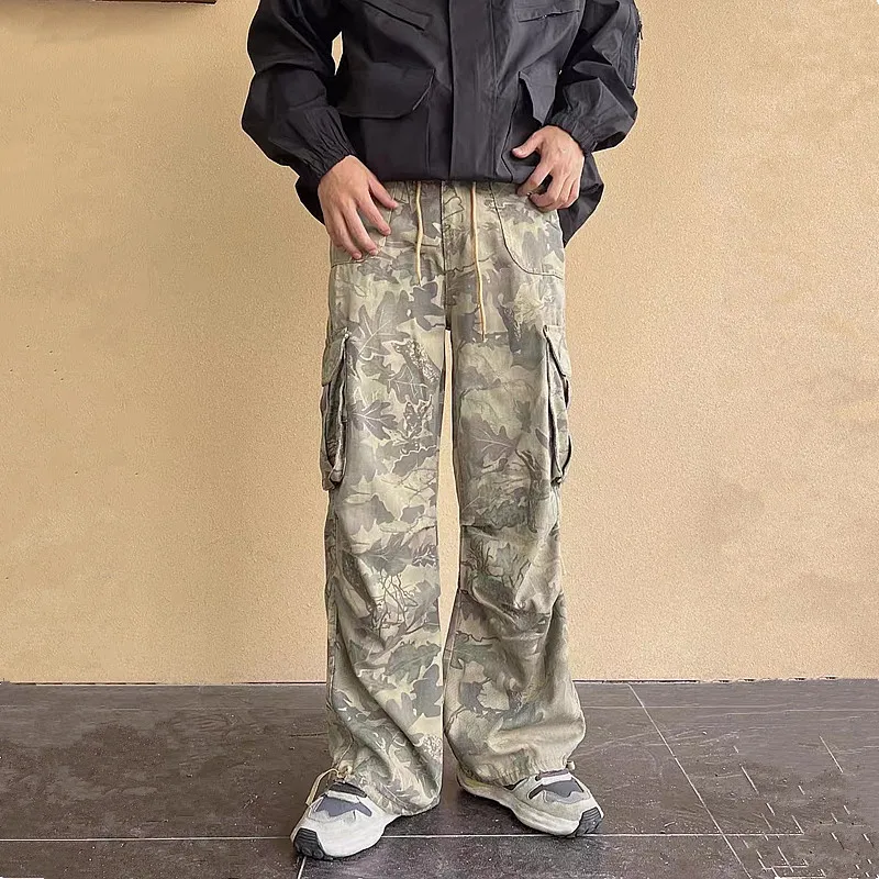 Pantalones vaqueros holgados de camuflaje con bolsillos laterales para hombre y mujer, pantalón largo de algodón de pierna ancha, moda Y2K, 2023