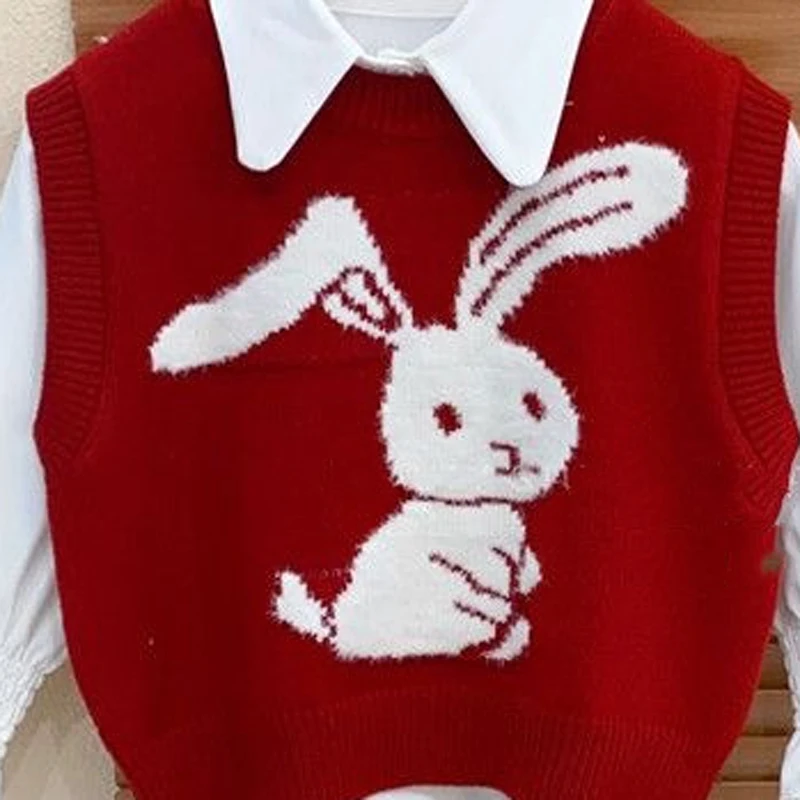 Girls Pullover Sweater Vest Spring Girls\' Fashionable and Cute Little Rabbit Knitted Vest Baby Kids Loose and Versatile Top