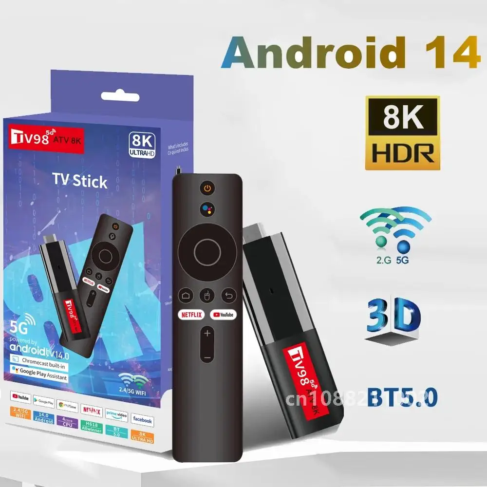 TV Stick Android 14 Support 8K Video 4K Wifi 6 HDR10 3D TV Box 2.4G BT5.0 Body Feeling Game Smart TV Box 16GB for Google YouTube