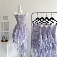 Women's Purple Flower Butterfly Dress Y2K French Casual Elegant Aesthetics 2000s Style Cute Party Retro Dress Clothing 2025 New