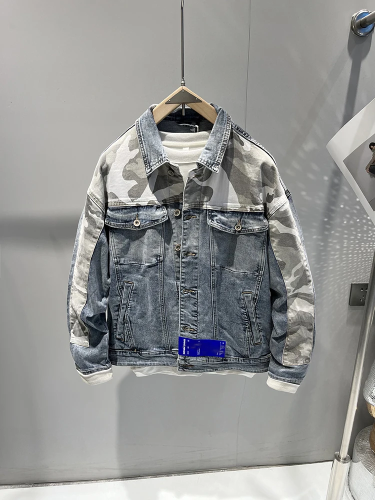

Men Camouflage Spliced Denim Jacket Spring Autumn With Pockets Patchwork Coat American Casual Fashion Washed Vintage Jackets