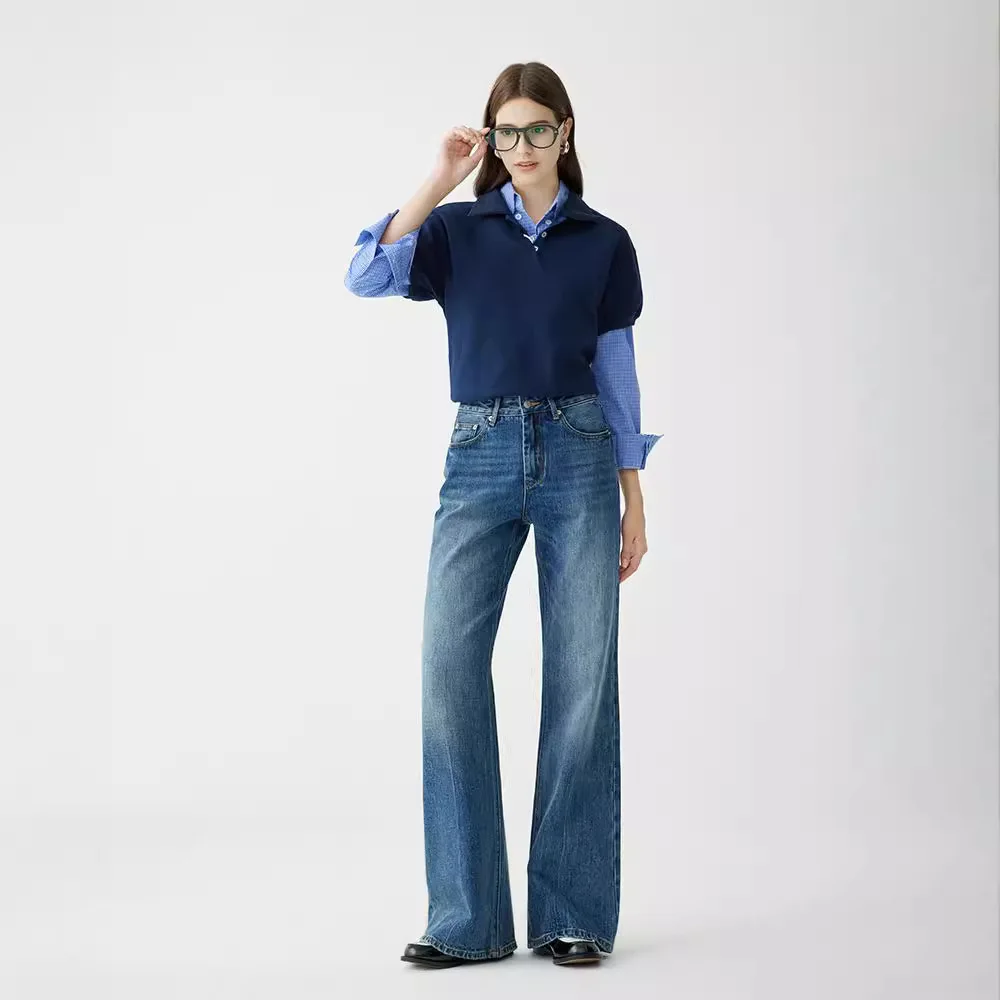 

Relaxed-fit Slightly Flared Denim Jeans High Waist Dark Blue Bleached Classic Fashion Straight For Pear-shaped Legs Women XXS