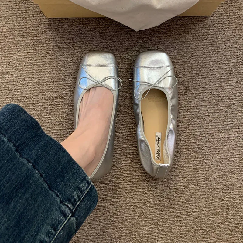 Modische Damen-Ballerinas mit Schleifenknoten, Weiche Tanzschuhe mit Quadratischer Zehenpartie, Neue Frühlings- und Herbst-Slipper für Damen – Detail 8