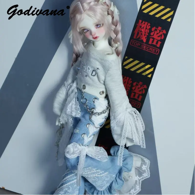 1/4 BJD Subculture Sweet Kawaii Casual Outfit Off Shoulder Crop Top with Lace Flare Denim Pants Y2K Lace Chain Doll Clothes