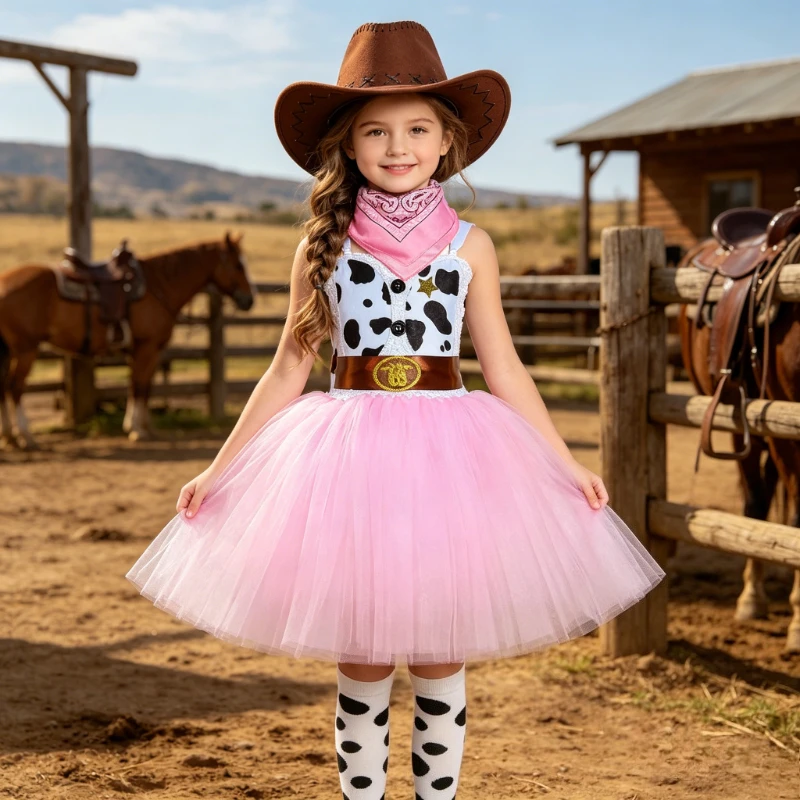 

Halloween Carnival Party Cow Girl Princess Dress Up Kids Cowgirl Costume Outfit Pink Girls Western Cowboy Tutu Dress for Girls