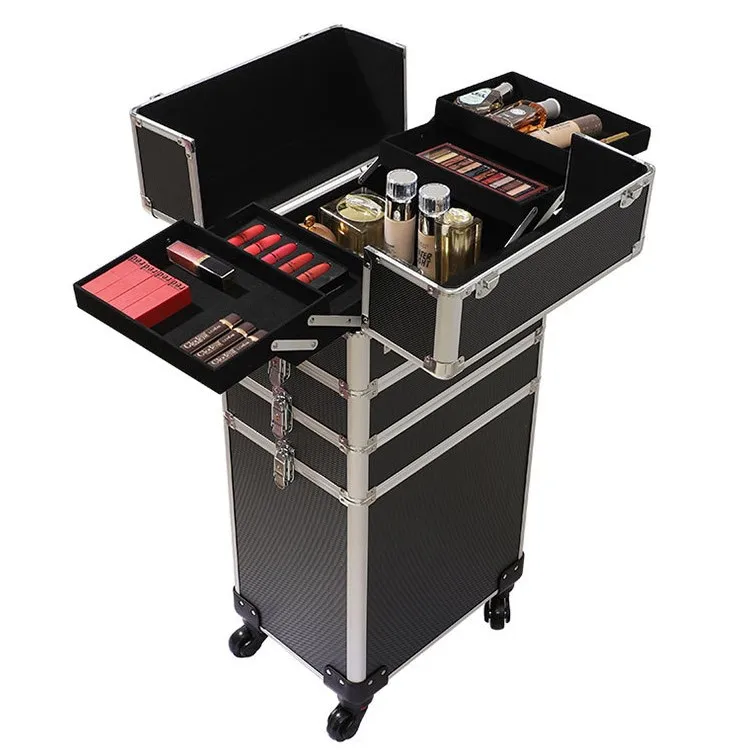 Professional 4 in 1 lift handle lock aluminum rolling airplane bags cosmetic makeup train cases for makeup artists hair stylist