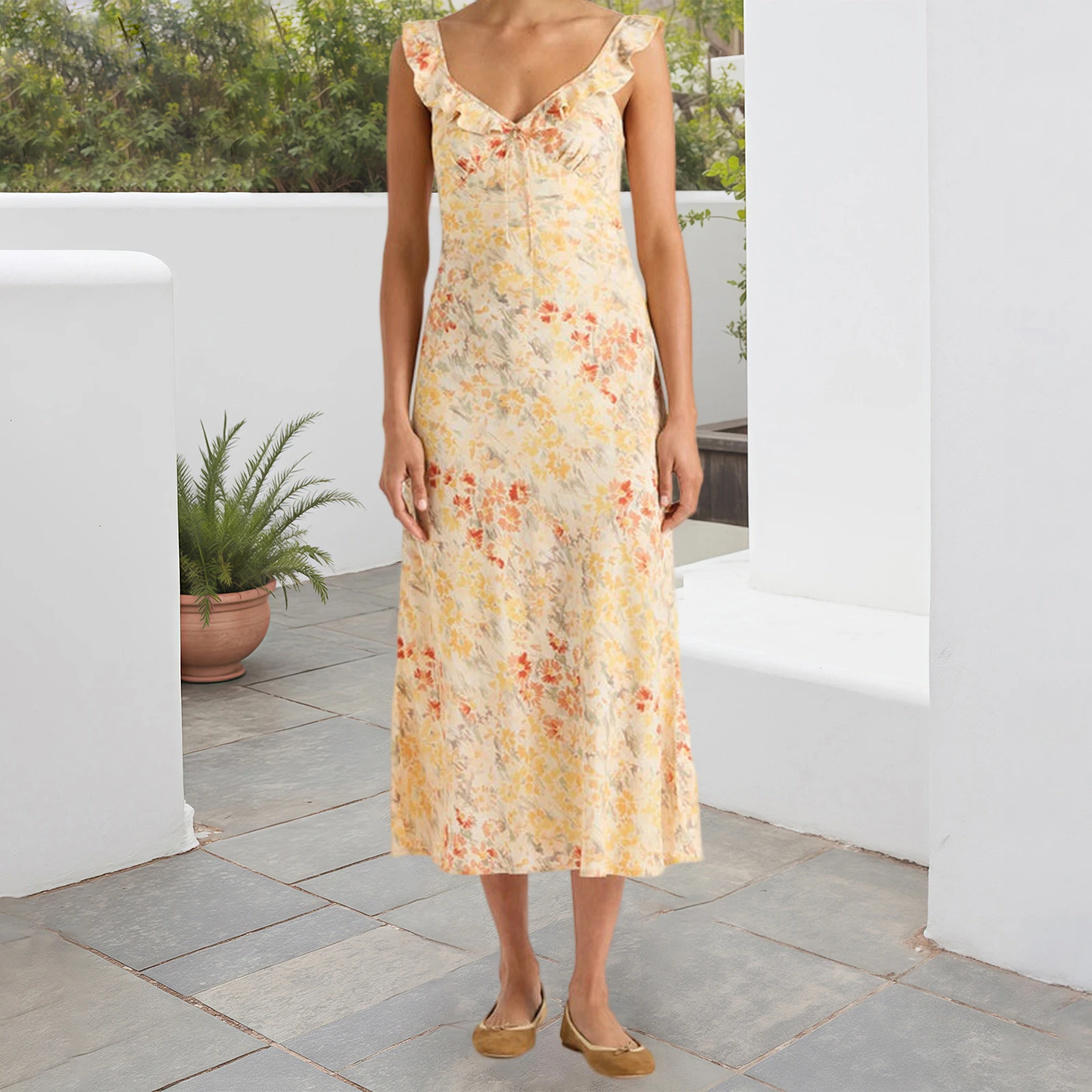 ผู้หญิงฤดูร้อน Midi Cami Dress แขนกุด Ruffle Trim V คอดอกไม้พิมพ์ชุดชายหาด