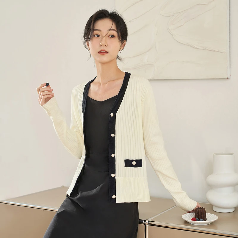 INMAN Women Knitted Cardigan 2023 Spring Long Sleeve V Neck Loose Sweater Pearl Buttons Contrast Colors Elegant Office Tops