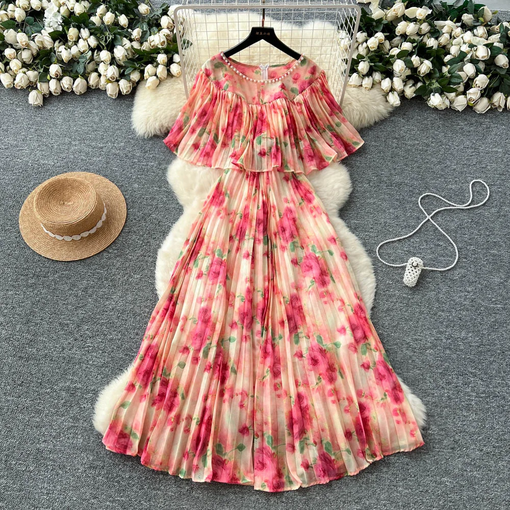 

Long Dress Women Dresses A Line Print Floral Vestidos Round Neck Pleated Elegant Splice Y2k Streetwear Party Night High Waist