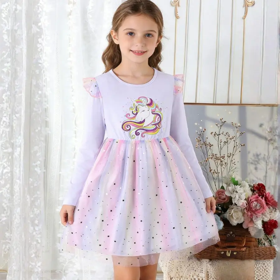 Girls' Unicorn Rainbow Sequined Princess Dress Spring Autumn Children Fashion Clothes Baby Kids Casual Party Dress