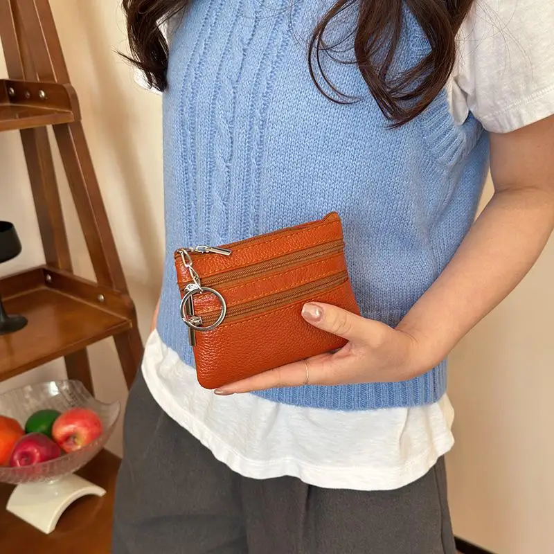 Monedero portátil de cuero PU con llavero, cremallera impermeable, tarjetero resistente al desgaste para hombres y mujeres