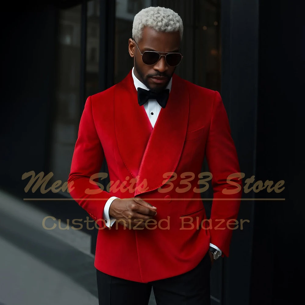 

Мужские костюмы по индивидуальному заказу, модные двубортные бархатные куртки с шалью и лацканами, приталенная бархатная куртка с черными брюками, комплект из двух предметов, одежда высокого качества