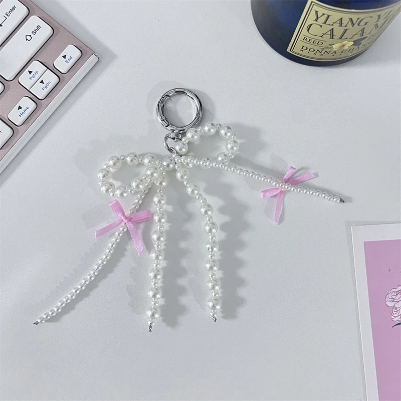 For Girl Women Fashion Pearl Bowknot Keychain Pendant Fashion Hanging Ornament Pendant Keyring Backpack Decoration Charm Jewelry