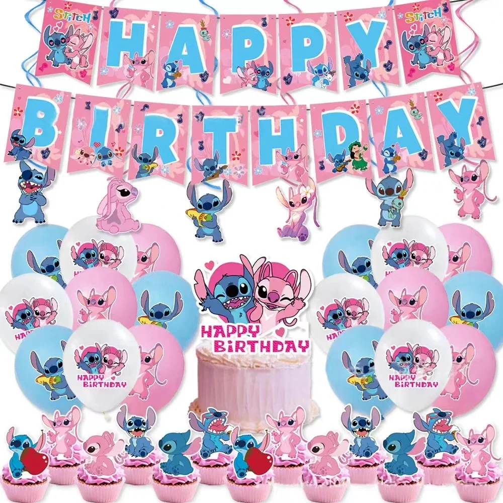 Disney Anime Stitch decoración personaje de dibujos animados tema vajilla Ángel globo platos taza suministros para fiesta de cumpleaños niños niñas