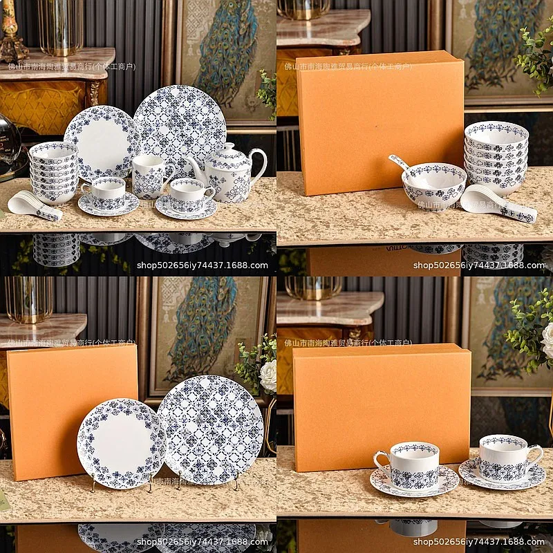 Classic Monogram Blue White Porcelain Style Coffee Cup Dinner Plate Soup Bowl Teapot Set Home Banquet Tableware Gift Porcelain