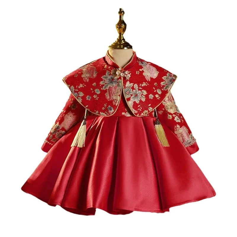 New Chinese style red Kids Vintage Dress for Girls Wedding Girl Dress Princess Party prom Pageant Gown christmas Children Dress