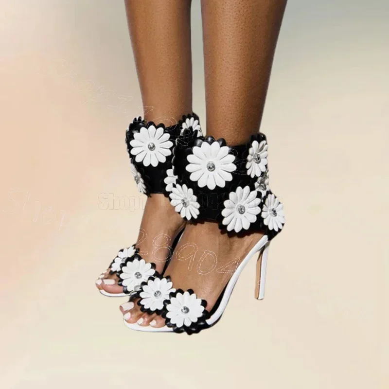 

White Appliques Design Open Toe Cover Heel Sandals Back Zipper Women Shoes Thin High Heels Party Feast 2025 Zapatos Para Mujere